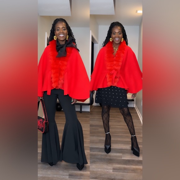 Boston proper Faux Fur Tie Waist Poncho Racing Red- Worn once - Picture 5 of 12